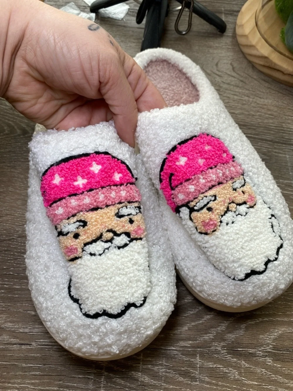 NEW White Santa Slippers with Pink Hat Accent
